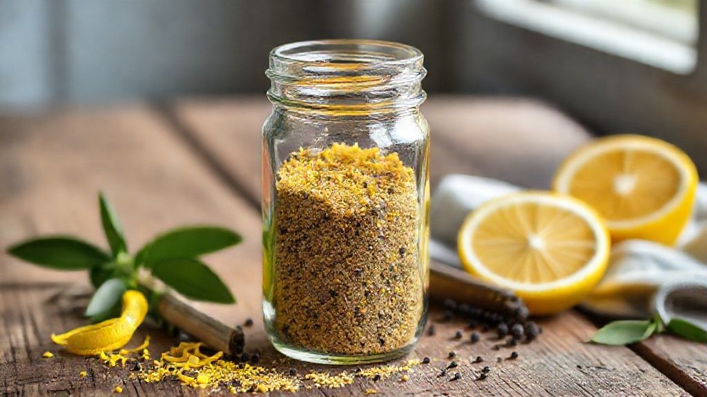 Pote de tempero lemon pepper caseiro com raspas de limão e pimenta, pronto para uso culinário