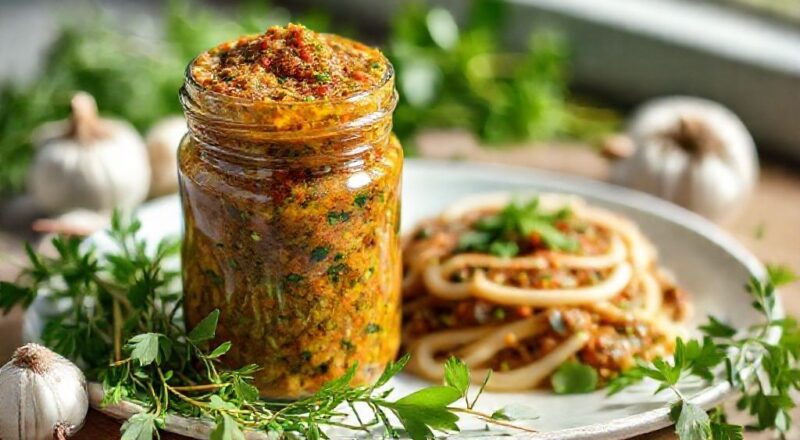 Pote de vidro com o tempero pega marido caseiro, colorido e com textura cremosa, cercado por ervas frescas e alho