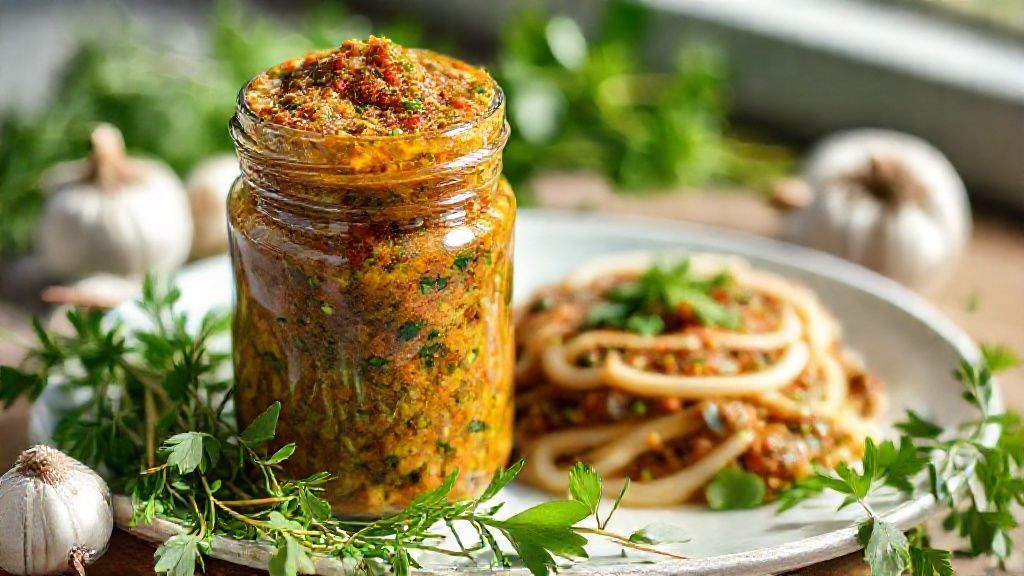 Pote de vidro com tempero pega marido caseiro fresco, colorido e aromático pronto para uso na cozinha