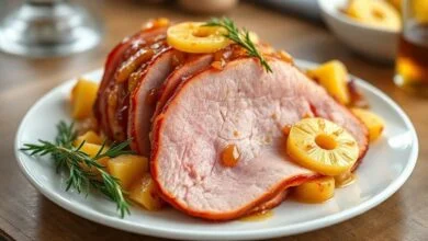 Tender assado dourado, decorado com rodelas de abacaxi caramelizado e cravos, servido em travessa natalina