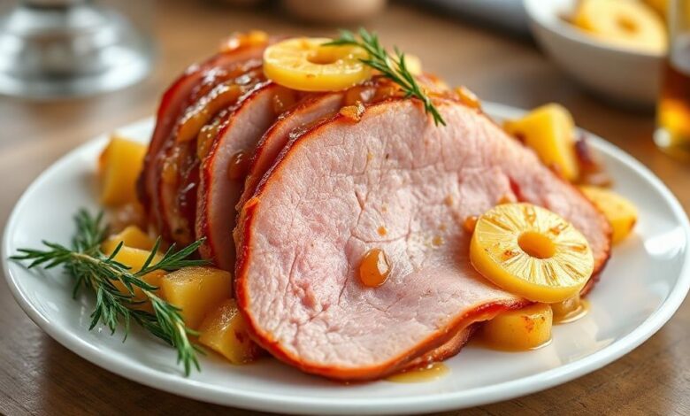 Tender assado dourado, decorado com rodelas de abacaxi caramelizado e cravos, servido em travessa natalina