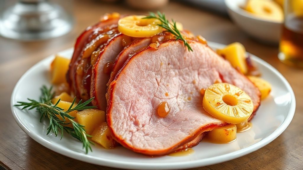 Tender assado dourado, decorado com rodelas de abacaxi caramelizado e cravos, servido em travessa natalina