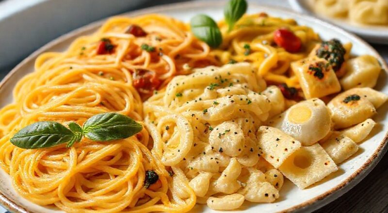 Prato com diferentes tipos de macarrão cozido, colorido e bem apresentado sobre mesa rústica com ingredientes frescos.