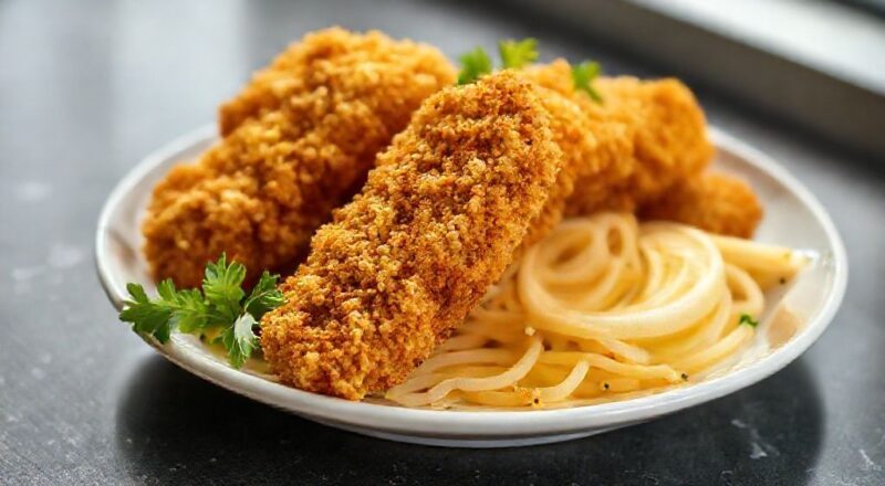 Tiras douradas de frango empanadas em flocos de milho, servidas com molho cremoso em prato rústico