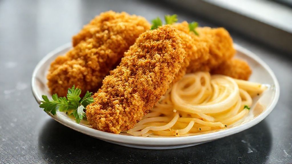 Tiras de frango crocantes em flocos de milho douradas e suculentas servidas em prato com molho