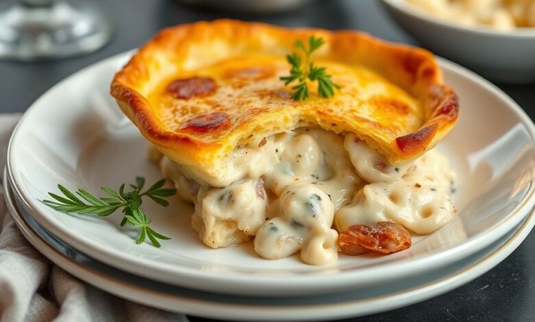 Torta salgada dourada, com recheio cremoso de queijo e cebola, servida em fatias apetitosas sobre prato branco