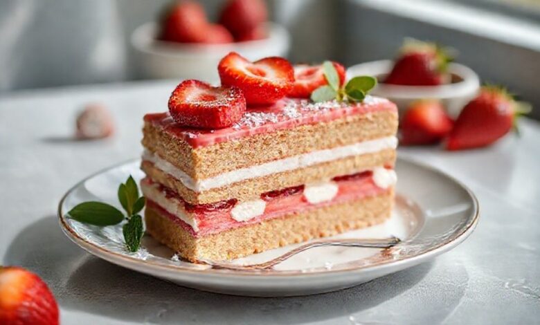 Torta de bolacha com morango decorada com chantilly e morangos frescos, servida em refratário de vidro