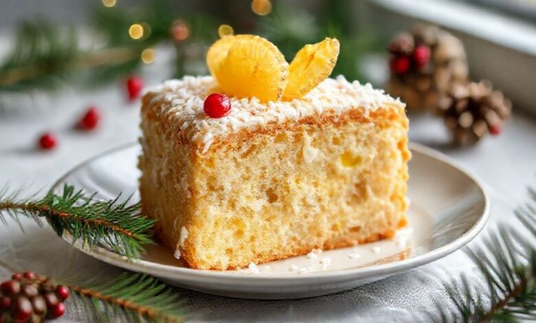Torta de bolacha gelada decorada com coco ralado e rodelas de abacaxi, servida em refratário de vidro e pronta para a ceia de Natal
