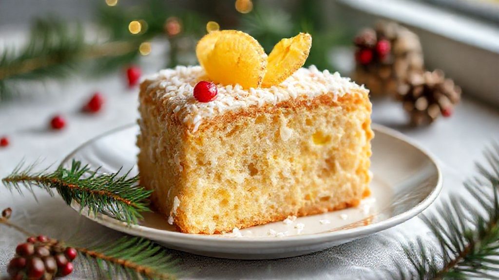 Torta de bolacha para o Natal com abacaxi e coco decorada com frutas e coco ralado