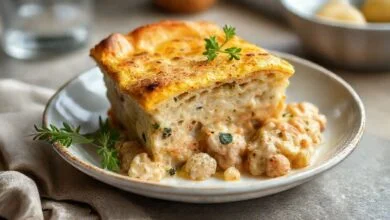 Torta de frango de liquidificador dourada e fofa, servida em fatias mostrando o recheio cremoso e apetitoso