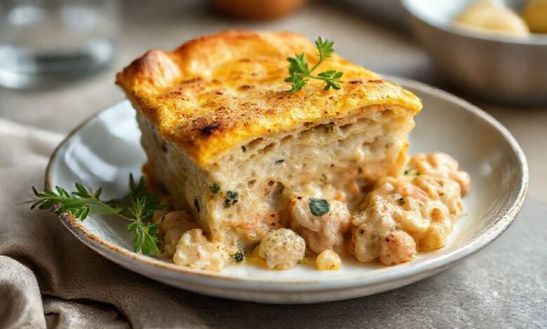 Torta de frango de liquidificador dourada e fofa, servida em fatias mostrando o recheio cremoso e apetitoso