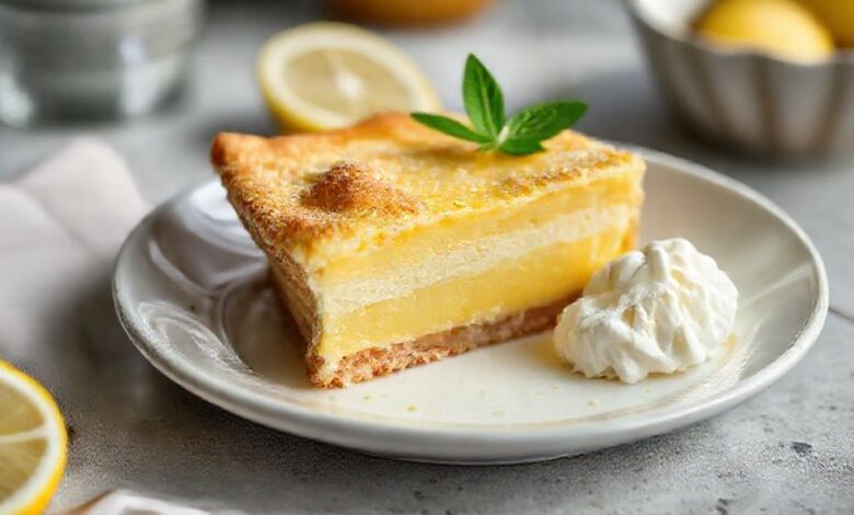 Torta de limão com bolacha finalizada, com base crocante, creme claro e cobertura dourada de merengue