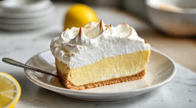 Torta de limão cremosa finalizada com merengue dourado e raspas cítricas, servida em prato elegante
