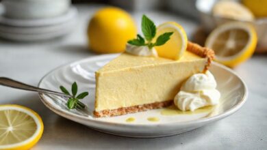 Torta de limão cremosa finalizada com merengue dourado e raspas de limão servida em prato elegante