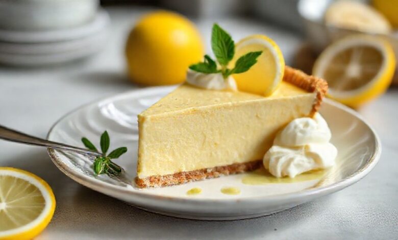 Torta de limão cremosa finalizada com merengue dourado e raspas de limão servida em prato elegante