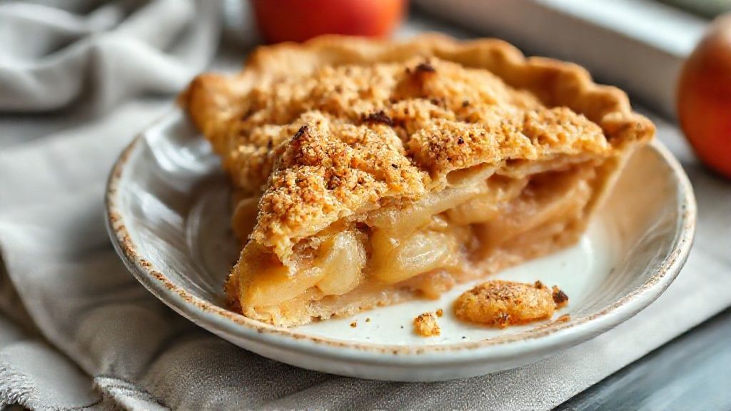 Torta de maçã caseira crocante dourada, com trançado de massa e recheio de maçãs caramelizadas