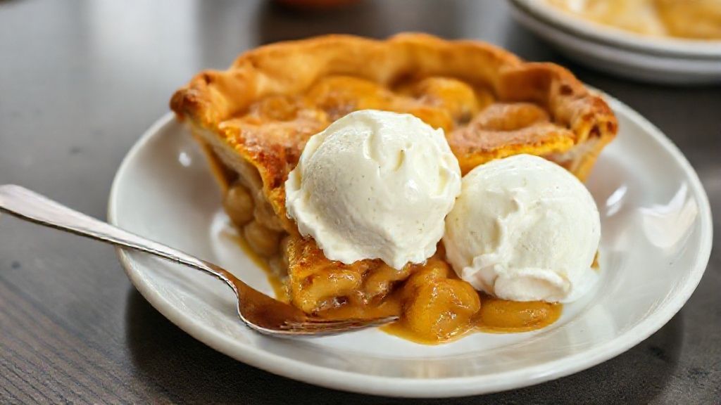 Torta de maçã com sorvete dourada e crocante servida com bola de sorvete de creme derretendo sobre a fatia.