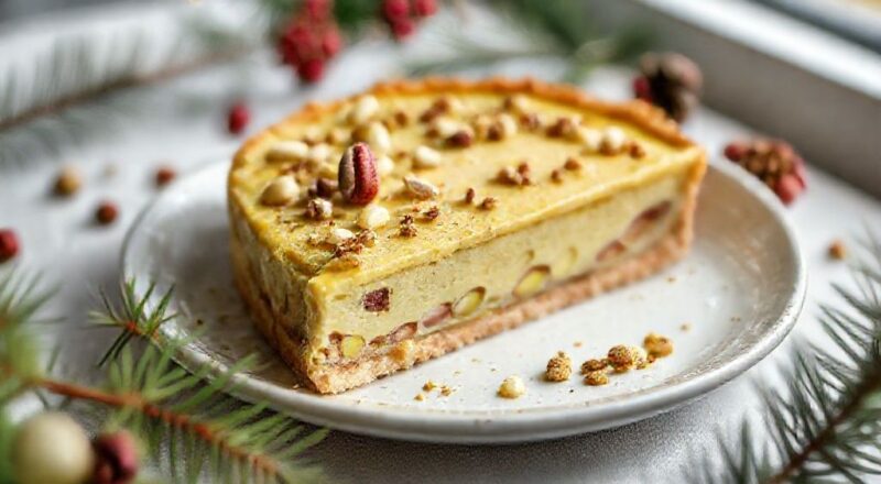 Torta de pistache com base crocante e creme verde claro, decorada com pistaches e frutas vermelhas em mesa natalina