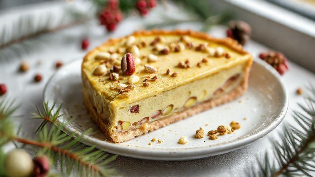 Torta de pistache para o Natal decorada com pistaches inteiros e frutas vermelhas sobre prato elegante