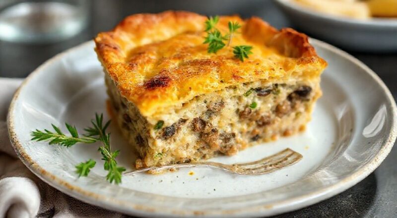 Torta de sardinha dourada e fofa, com recheio de tomate e cebola, servida em fatias sobre prato branco