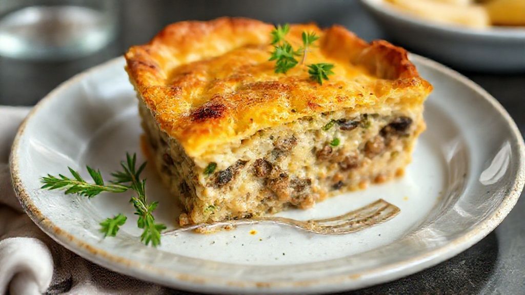 Torta de sardinha de liquidificador dourada e fofa servida em fatias, com recheio úmido e aroma caseiro