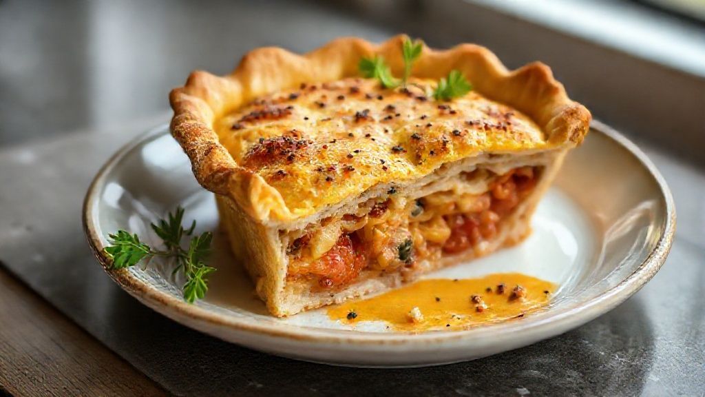Torta salgada para lanche dourada e fofa, recheada com presunto, queijo e tomate, servida em pedaços apetitosos