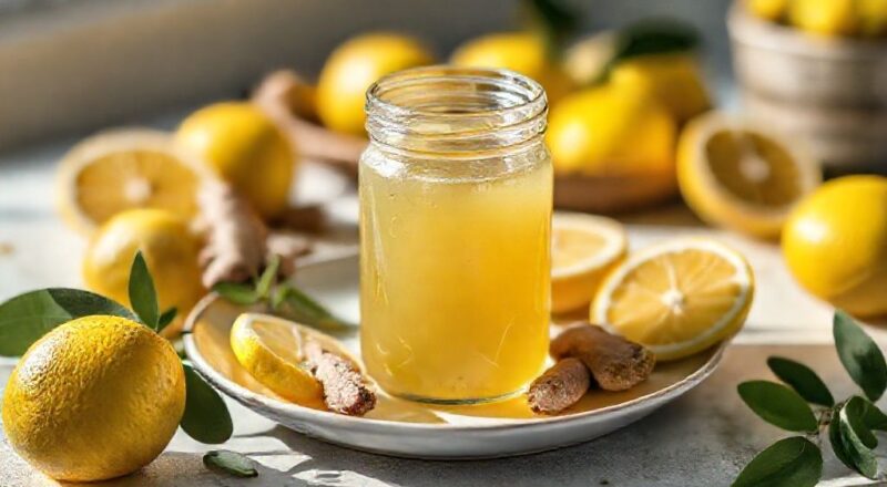 Xarope dourado em um frasco de vidro, rodeado por rodelas de limão e pedaços de gengibre fresco.
