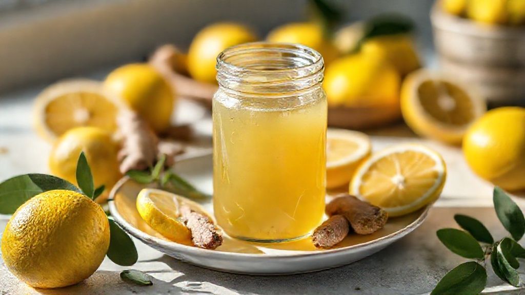 Frasco de vidro com xarope caseiro de gengibre e limão natural dourado e brilhante, rodeado por limões e gengibre fresco.