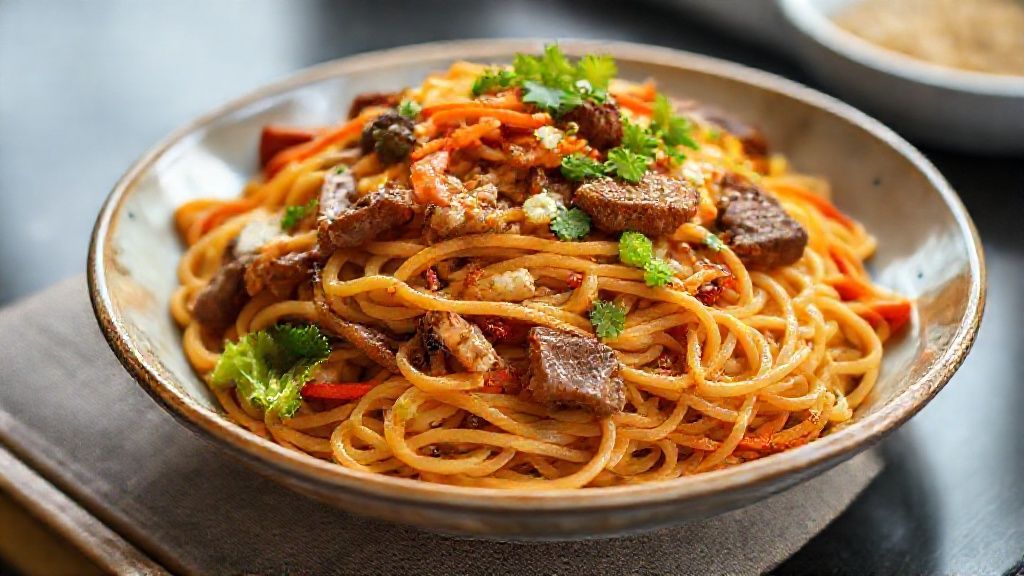 Prato de yakisoba caseiro colorido com legumes crocantes e molho encorpado, servido quente e brilhante