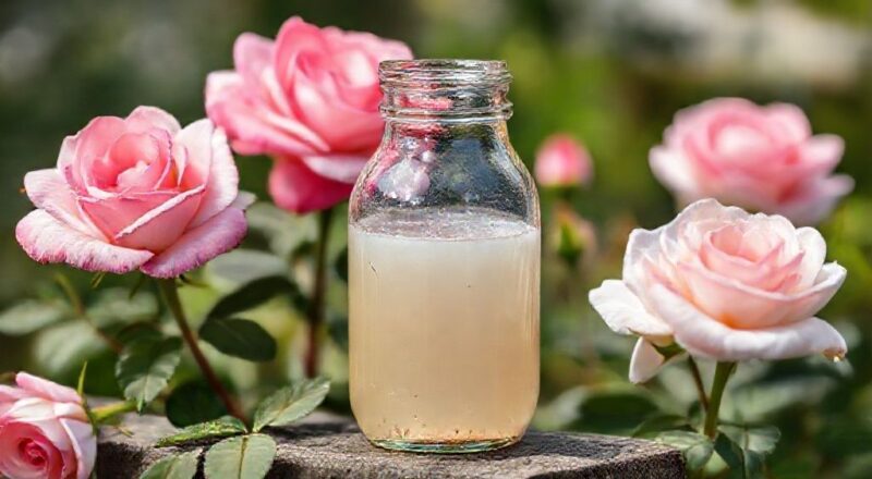 Frasco de vidro com adubo líquido caseiro e roseiras floridas ao fundo.