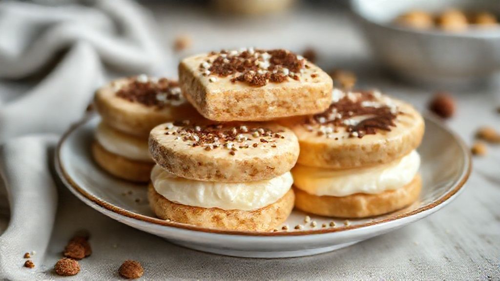 Alfajor de doce de leite caseiro pronto, com coco ralado nas laterais e recheio cremoso à mostra