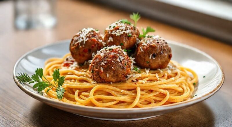 Prato de espaguete com almôndegas suculentas cobertas por molho de tomate e parmesão, servido em tigela elegante