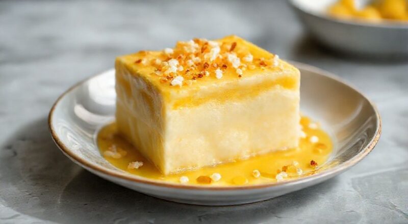 Sobremesa dourada e cremosa servida em taça de vidro, com textura delicada e aroma de canela