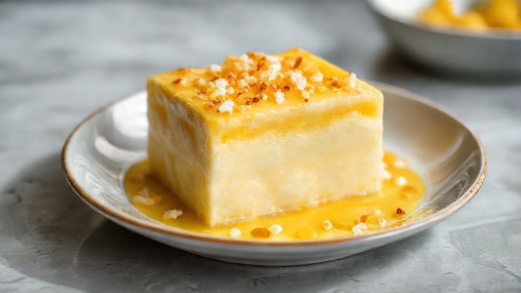 Ambrosia cremosa douradinha servida em taça, com textura suave e brilho caramelizado