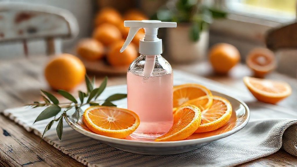 Aromatizante caseiro com laranja e leite de rosas, natural e decorativo, repousando sobre prato de cerâmica