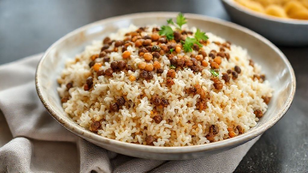 Prato de arroz com lentilha simples servido em travessa, grãos soltinhos e cebola dourada por cima