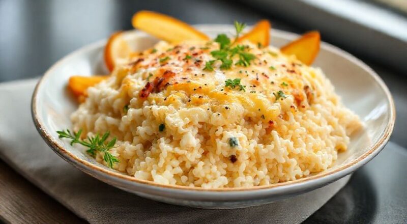 Prato de arroz de forno cremoso dourado, com queijo derretido e crosta crocante, servido em travessa de cerâmica