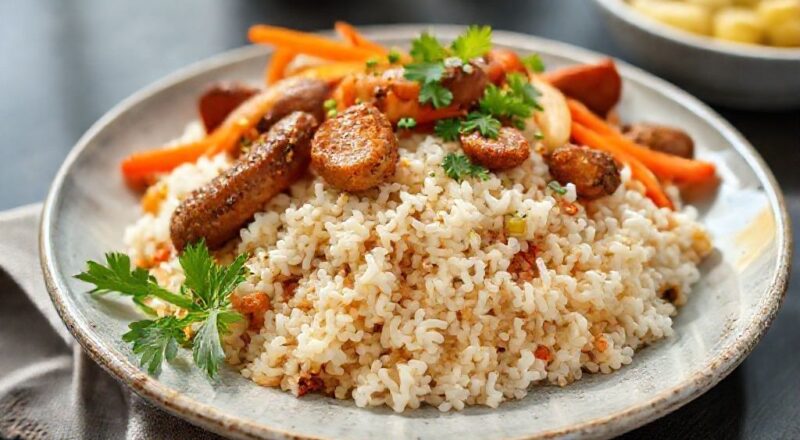 Prato pronto de arroz de preguiçoso com linguiça calabresa e legumes, colorido e apetitoso, servido quente em uma tigela