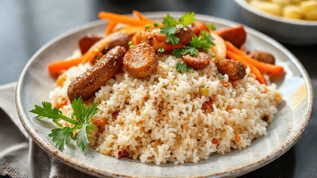 Prato de arroz de preguiçoso com linguiça calabresa e legumes coloridos servido ainda quente