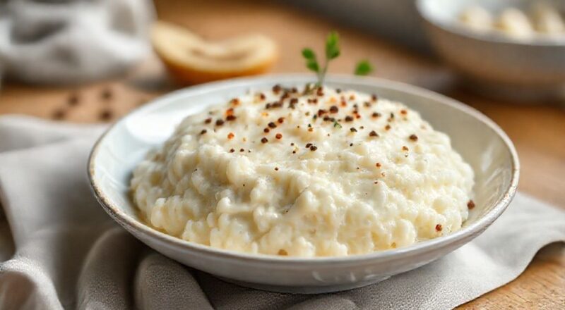 Tigela de arroz doce cremoso com canela por cima, textura aveludada e aspecto caseiro e apetitoso