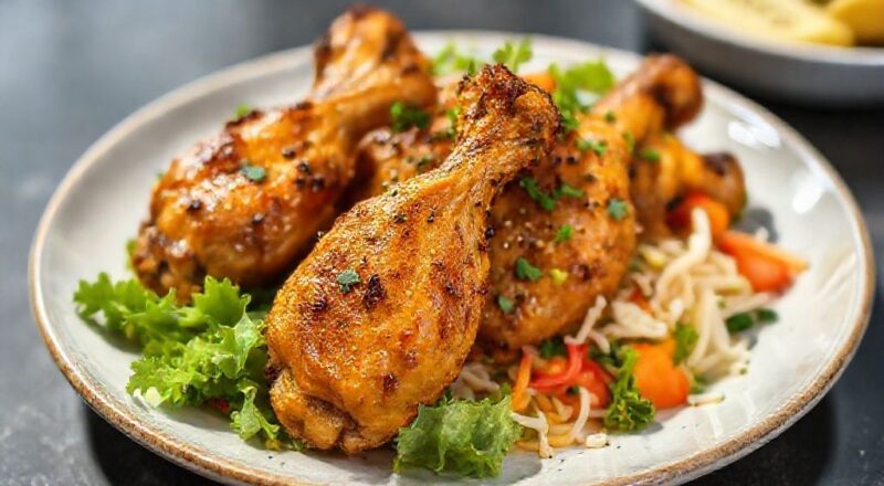 Prato de asinhas douradas e crocantes ao forno, acompanhadas de salada fresca e colorida de legumes
