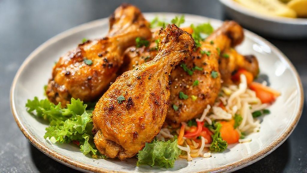 Asinhas de frango assadas crocantes servidas com salada de legumes colorida e fresca