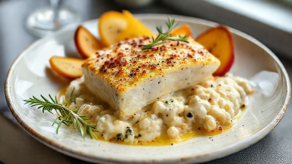 Bacalhau para o Natal gratinado com batatas, legumes coloridos e queijo derretido, prato natalino dourado e apetitoso
