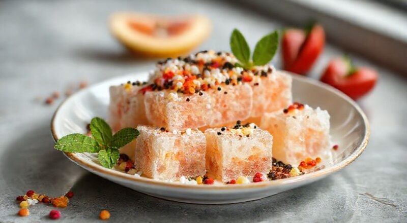 Balas baianas douradas, envoltas em celofane colorido e dispostas sobre um prato decorado