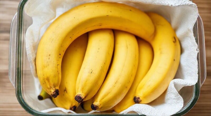 Pote transparente com bananas maduras conservadas com papel-toalha, com aspecto firme e casca amarela