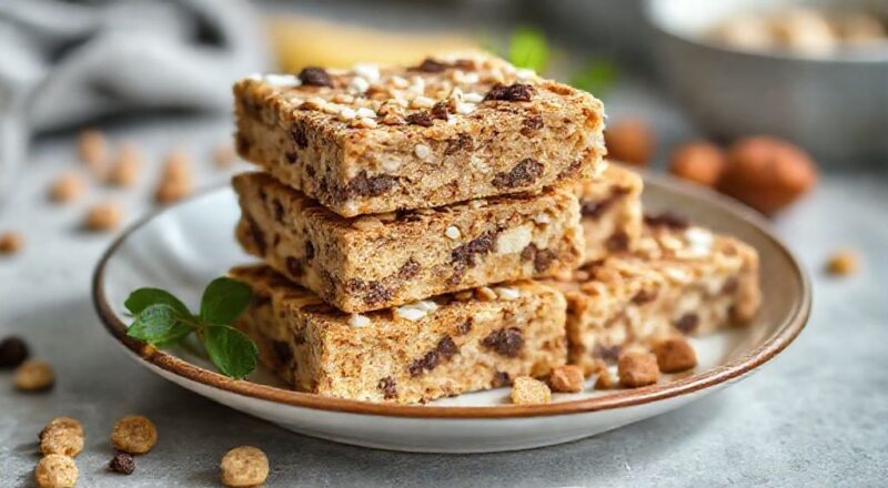 Barrinhas caseiras de whey protein cortadas e empilhadas com cobertura de chocolate e textura macia