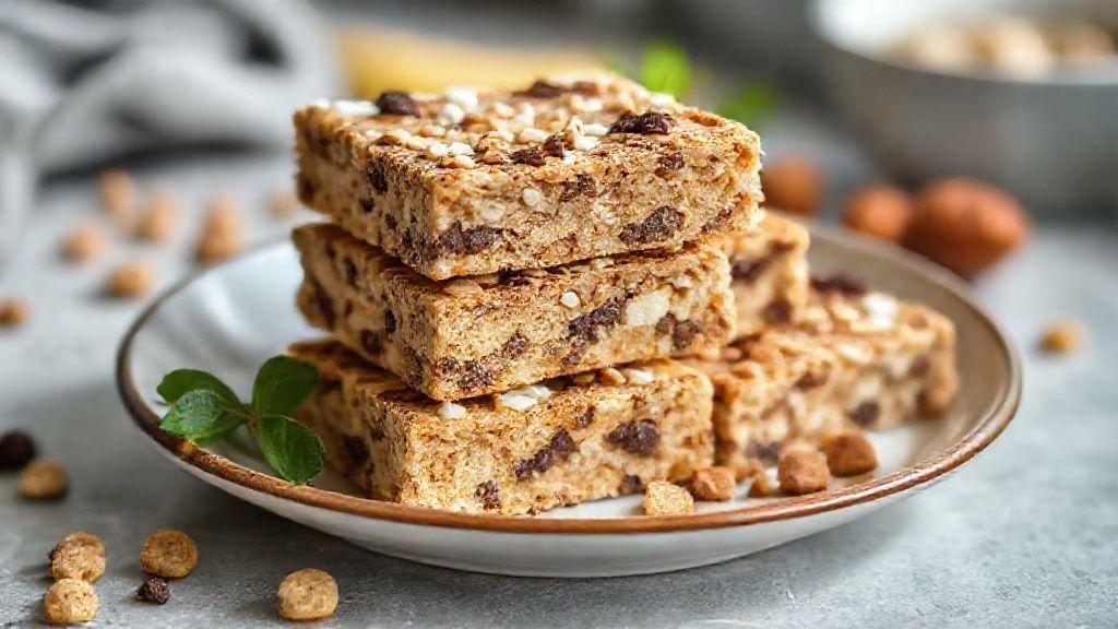 Barrinha de whey protein caseira cortada em pedaços sobre tábua, com textura macia e cobertura de chocolate