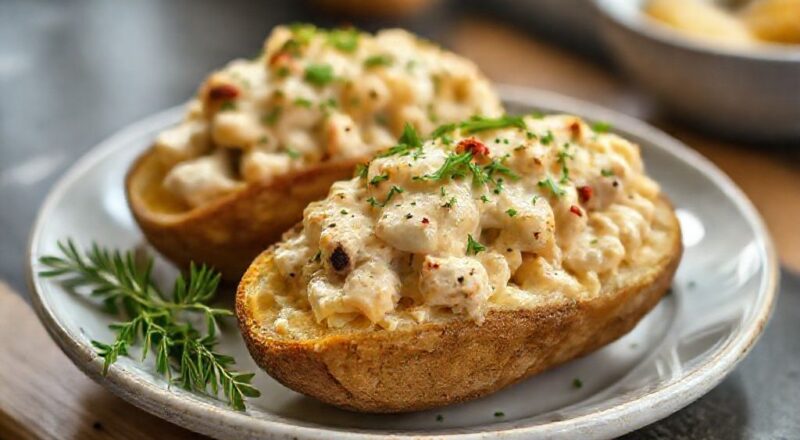 Batata assada dourada e crocante recheada com frango cremoso e queijo gratinado, servida em prato elegante
