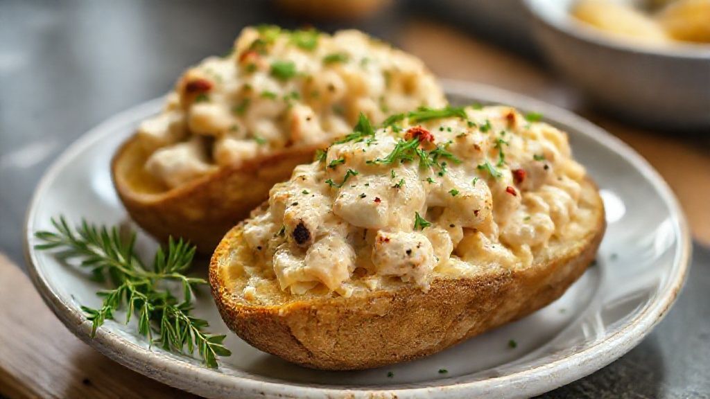Batata assada com frango cremoso dourada e gratinada no forno, servida em prato branco com salada verde