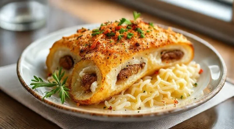 Batata suíça dourada e crocante, servida quente com recheio cremoso e queijo derretido, em prato rústico e apetitoso.